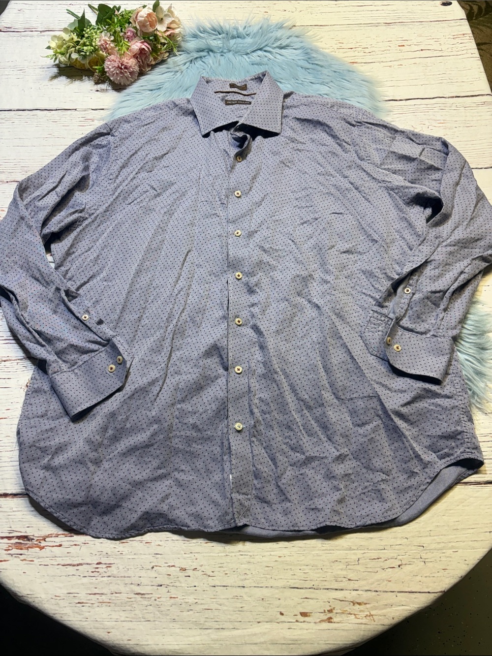 Peter Millar Cotton Light Blue Micro-Print Dress Shirt sz XXL